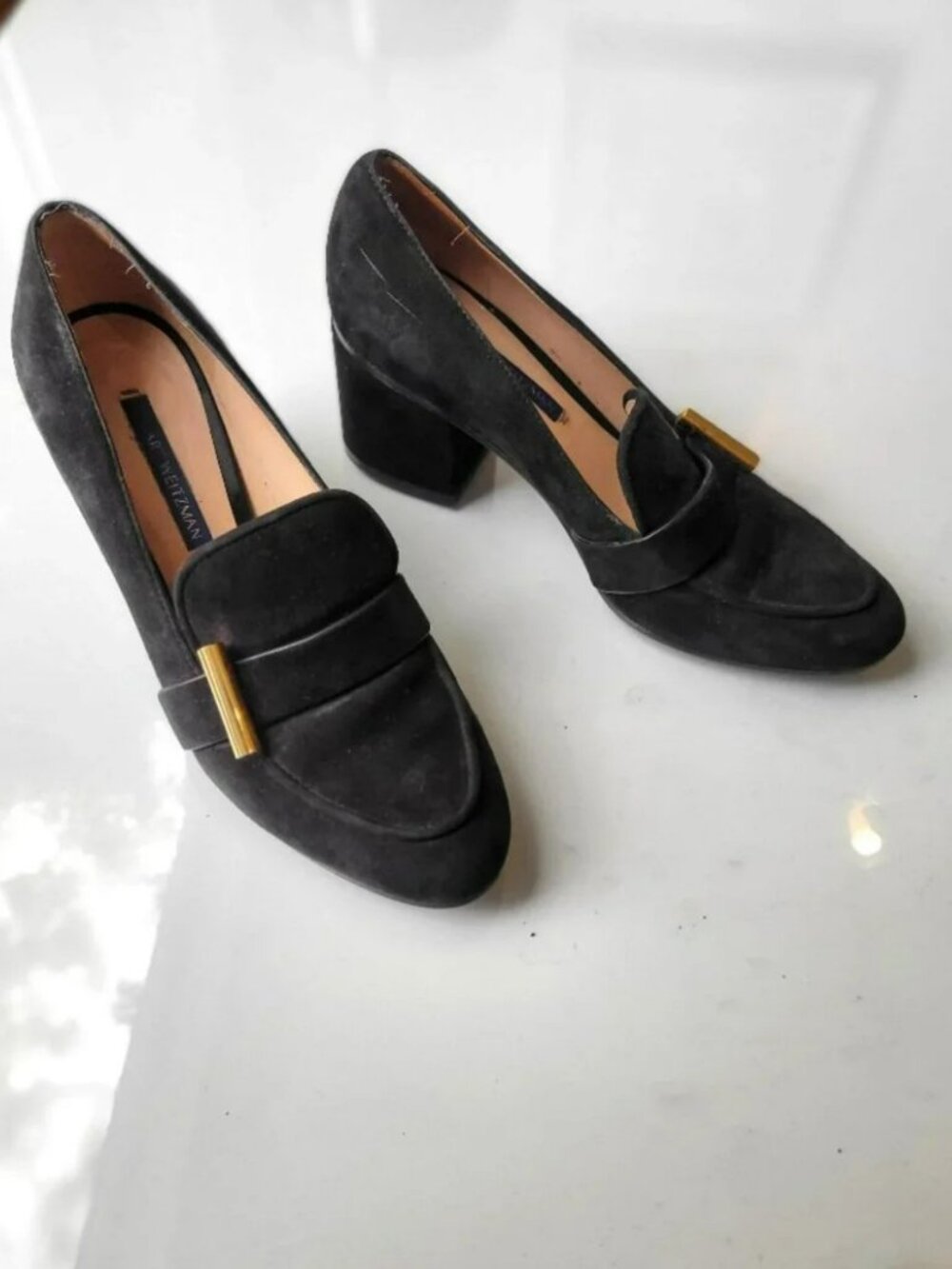 Stuart Weitzman Womens The Preston Cylinder Pump Loafer Black Suede Heel Size 6